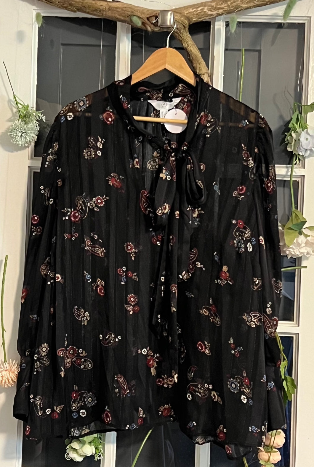 Addition Elle Black Floral Top With Bow 3X