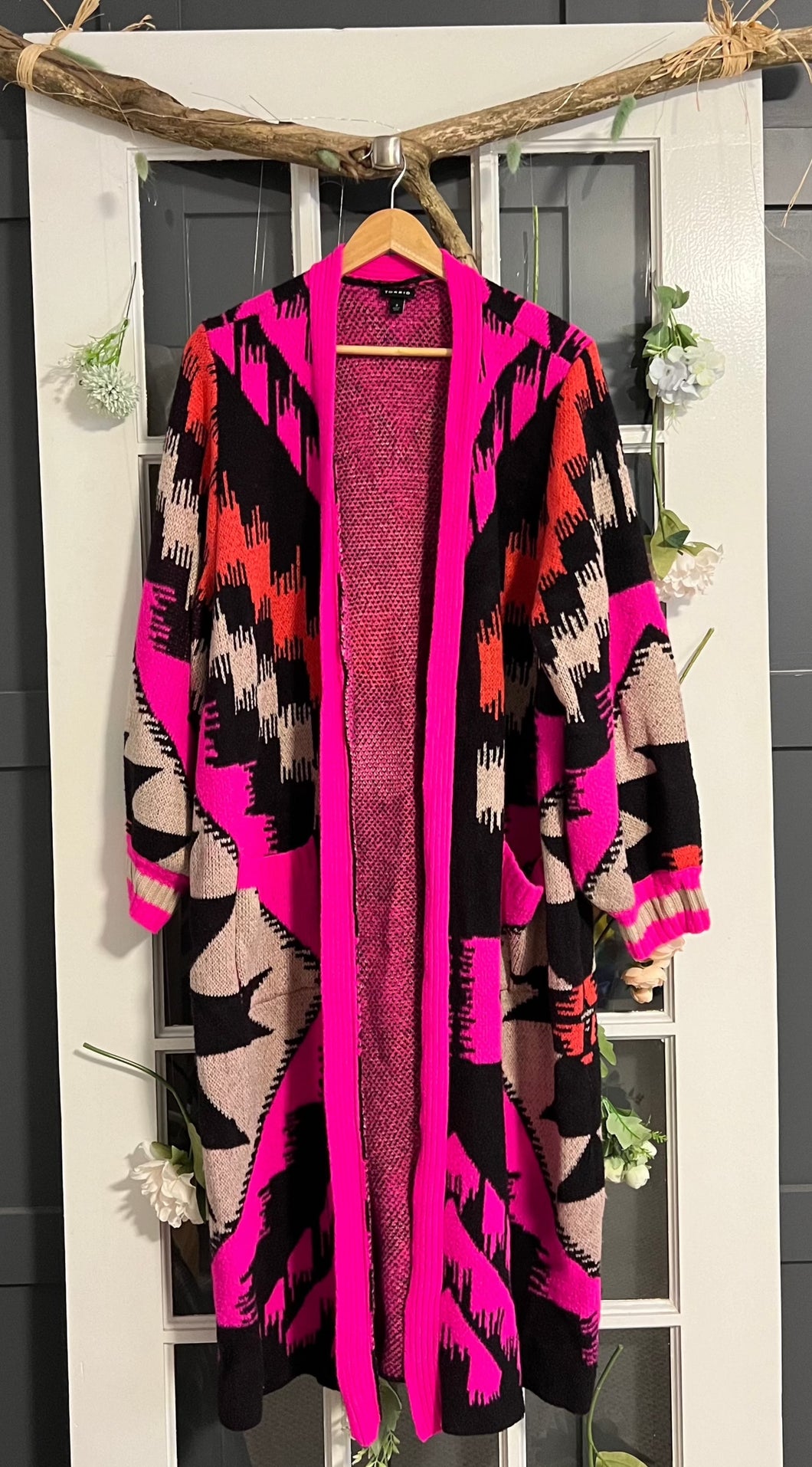 Torrid Long Sweater Cardi - Pink Geometric 3X