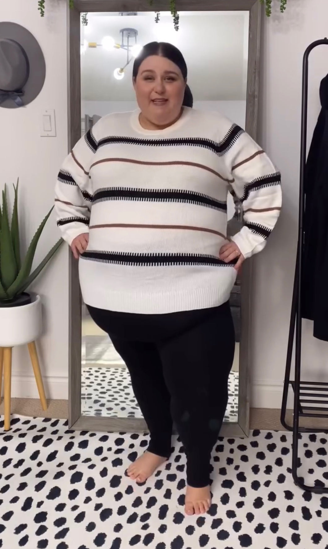 White Sweater with Brown and Black Stripes 4X