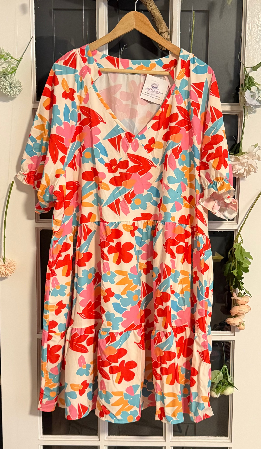 Bright floral baby doll dress with puff sleeves 5X