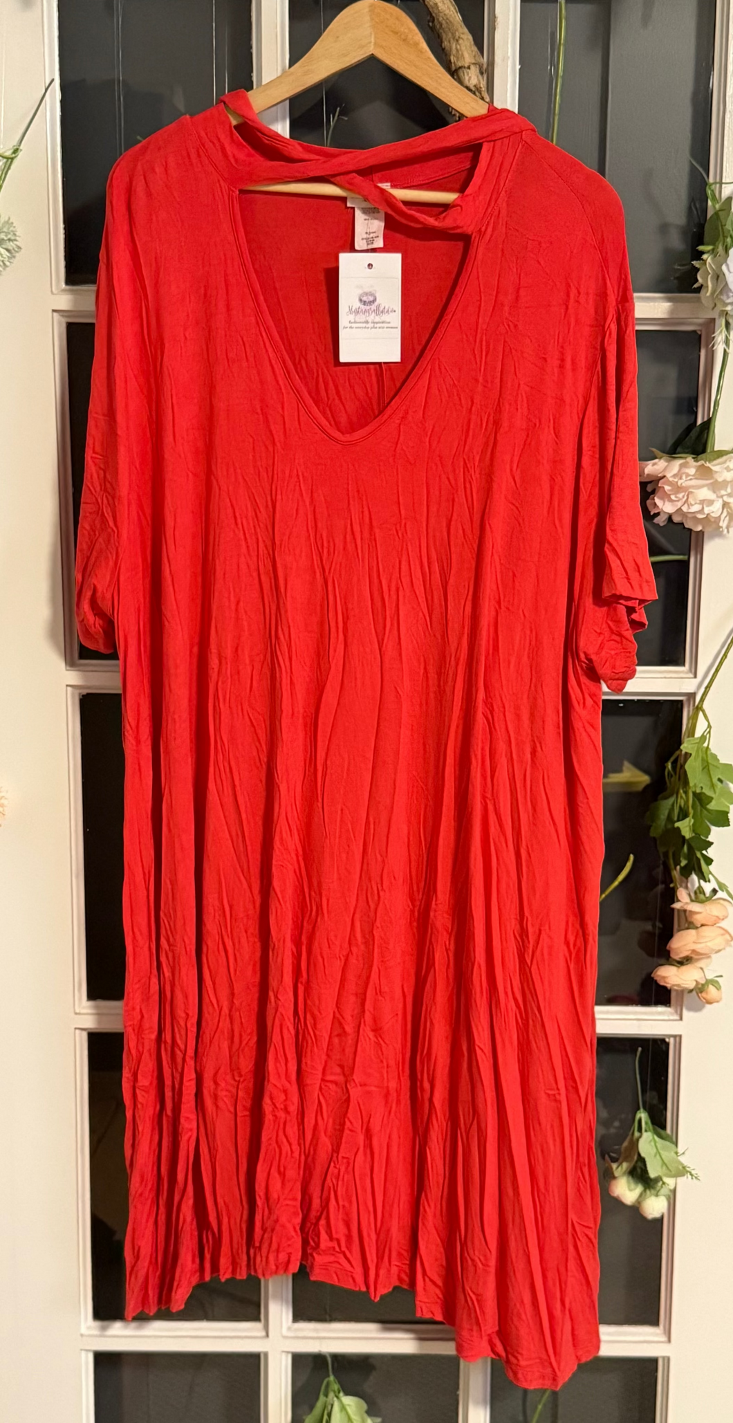Short-sleeved coral dress with neck tie 26/28