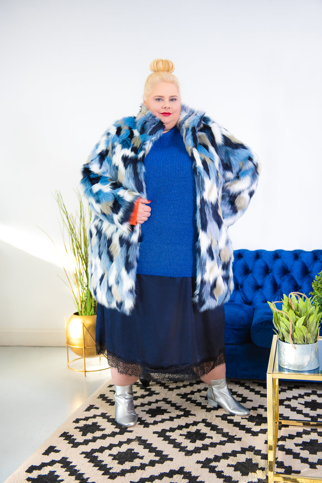 Ulla Popken faux fur blue print coat 28/30
